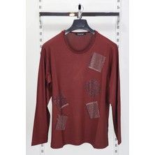 Santa Fistan Store Kadın Kiremit Desenli Bisiklet Yaka Rahat Kalıp Likralı Uzun Kollu Abiye Bluz