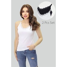 Lüx Kalite Pamuklu Ip Askılı Dantelli V Yaka 2'li Paket Atlet