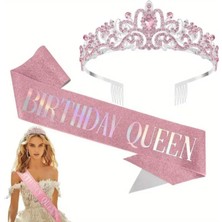 Pembe Taşlı Taç ve “birthday Queen” Yazılı Saten Kuşak Doğum Günü Seti