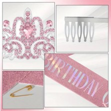 Pembe Taşlı Taç ve “birthday Queen” Yazılı Saten Kuşak Doğum Günü Seti