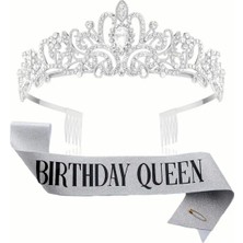 Gümüş Renkli Taşlı Taç ve “Birthday Queen” Yazılı Kuşak Doğum Günü Seti