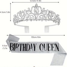 Gümüş Renkli Taşlı Taç ve “Birthday Queen” Yazılı Kuşak Doğum Günü Seti