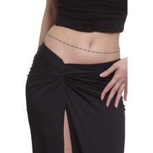 Labalaba Kadın  Silindir Turkuaz Doğaltaşlı Ayarlanabilir Çelik Zincir Bel Zinciri, Bel Kolyesi