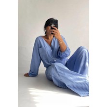 Mavi Çizgili Pamuklu Pijama Takımı