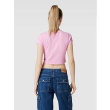 Pembe Bisiklet Yaka Naughty Or Nıce Baskılı Crop T-Shirt