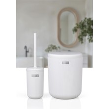 Okyanus Home Linea Beyaz Çizgili Yuvarlak 2'li Wc Kova ve Fırça Seti