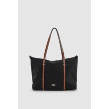 Velie Paraşüt Kumaş Şeritli Shopper Çanta Siyah-Taba