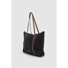 Velie Paraşüt Kumaş Şeritli Shopper Çanta Siyah-Taba