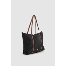 Velie Paraşüt Kumaş Şeritli Shopper Çanta Siyah-Taba