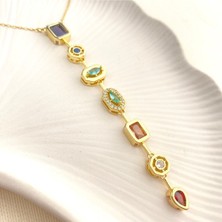 Kyver Renkli Taşlı Kolye Yedi Element Renkli Taşlı Y Kolye Çelik Gold