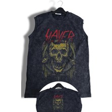 Skull Slayer Ense Baskılı Yıkamalı Kolsuz Tişört, Unisex Rock Band Temalı Sıfır Kol Vintage Atlet