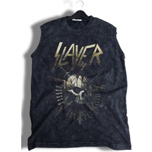 Slayer Baskılı Yıkamalı Kolsuz Tişört, Unisex Rock Band Temalı Sıfır Kol Vintage Atlet