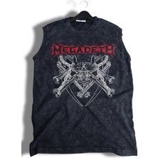 Skull Megadeth Baskılı Yıkamalı Kolsuz Tişört, Unisex Rock Band Temalı Sıfır Kol Retro Atlet