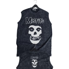 Misfits Ense Baskılı Yıkamalı Kolsuz Tişört, Unisex Rock Band Temalı Sıfır Kol Retro Atlet