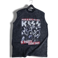 Rock And Roll Kiss Baskılı Yıkamalı Kolsuz Tişört, Unisex Rock Band Temalı Sıfır Kol Retro Atlet