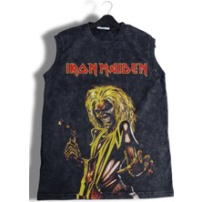 Iron Maiden Baskılı Yıkamalı Kolsuz Tişört, Unisex Rock Band Temalı Sıfır Kol Vintage Atlet