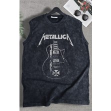 Guitar Metallica Baskılı Yıkamalı Kolsuz Tişört, Unisex Rock Band Temalı Sıfır Kol Vintage Atlet
