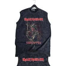 Senjutsu Iron Maiden Ense Baskılı Yıkamalı Kolsuz Tişört, Unisex Rock Band Temalı Sıfır Kol Atlet