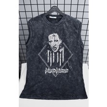 Marlin Manson Yazılı Yıkamalı Kolsuz Tişört, Unisex Rock Band Temalı Sıfır Kollu Retro Atlet