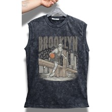 Brooklyn Yazılı Yıkamalı Kolsuz Tişört, Unisex Basketbol Temalı Sıfır Kollu Vintage Atlet