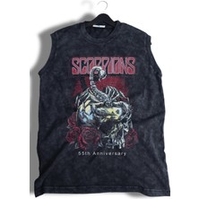 Scorpions Baskılı Yıkamalı Kolsuz Tişört, Unisex Rock Band Temalı Sıfır Kol Eskitme Atlet