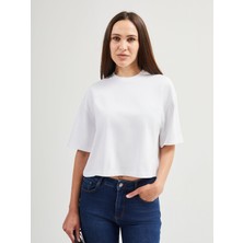 JUST UNIQUE DENIM J.U.D Lucia 82001 Oversize Crop Beyaz Kadın Basic T-Shirt