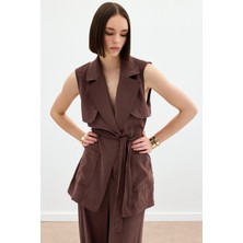 Kuşaklı Uzun Yelek - Kahve