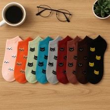 Kadın Desenli Kısa Çorap -5'li Paket – Karışık Renkli -Kadın Çorap Patik – 36-38-Kedi Desen