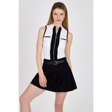 Beyaz Fermuarlı Örme Bluz 1449