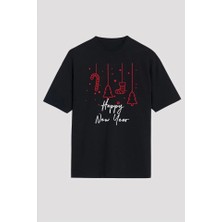 Defy Moda Happy New Year Baskılı T-Shirt - Siyah