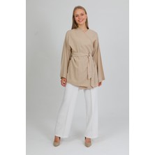 %100 Pamuk Keten Cepli Kemerli Yazlık Kadın Kimono 1166 - Nefes Alan Doğal Kumaş