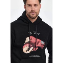 Defy Moda Unisex Kapüşonlu Üç Iplik Oversize Baskılı Sweatshirt - Siyah