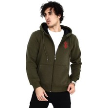 Defy Moda Unisex Baskılı Tam Fermuarlı Kapşonlu Sweatshirt - Haki