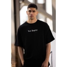 Defy Moda Unisex Bisiklet Yaka Baskılı Oversize T-Shirt - Siyah