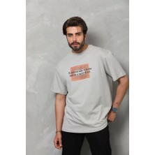 Defy Moda Unisex Bisiklet Yaka Baskılı Oversize T-Shirt - Gri