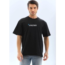 Defy Moda Unisex Bisiklet Yaka Baskılı Oversize T-Shirt - Siyah