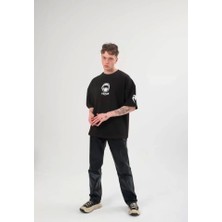 Defy Moda Unisex Bisiklet Yaka Baskılı Oversize T-Shirt - Siyah