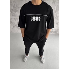 Defy Moda Unisex Bisiklet Yaka Baskılı Oversize T-Shirt - Siyah