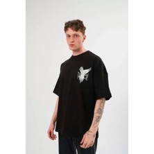 Defy Moda Unisex Bisiklet Yaka Baskılı Oversize T-Shirt - Siyah