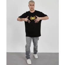 Defy Moda Unisex Bisiklet Yaka Baskılı Oversize T-Shirt - Siyah