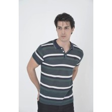 Defy Moda Erkek Yakalı Slim Fit Dokuma Çizgili T-Shirt - Haki