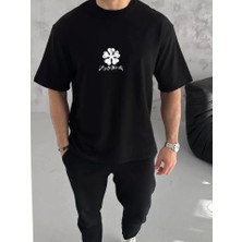 Defy Moda Unisex Bisiklet Yaka Baskılı Oversize T-Shirt - Siyah