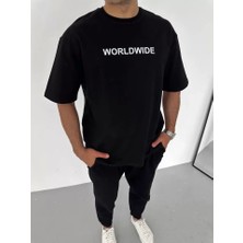 Defy Moda Unisex Bisiklet Yaka Baskılı Oversize T-Shirt - Siyah