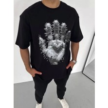 Defy Moda Unisex Bisiklet Yaka Baskılı Oversize T-Shirt - Siyah