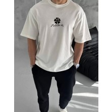 Defy Moda Unisex Bisiklet Yaka Baskılı Oversize T-Shirt - Beyaz