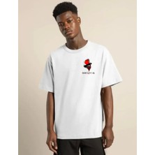 Defy Moda Unisex Bisiklet Yaka Baskılı Oversize T-Shirt - Beyaz