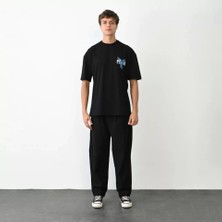 Defy Moda Unisex Bisiklet Yaka Baskılı Oversize T-Shirt - Siyah