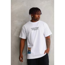 Defy Moda Unisex Bisiklet Yaka Baskılı Oversize T-Shirt - Beyaz