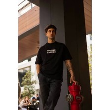 Defy Moda Unisex Bisiklet Yaka Baskılı Oversize T-Shirt - Siyah