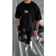 Defy Moda Unisex Bisiklet Yaka Baskılı Oversize T-Shirt - Siyah